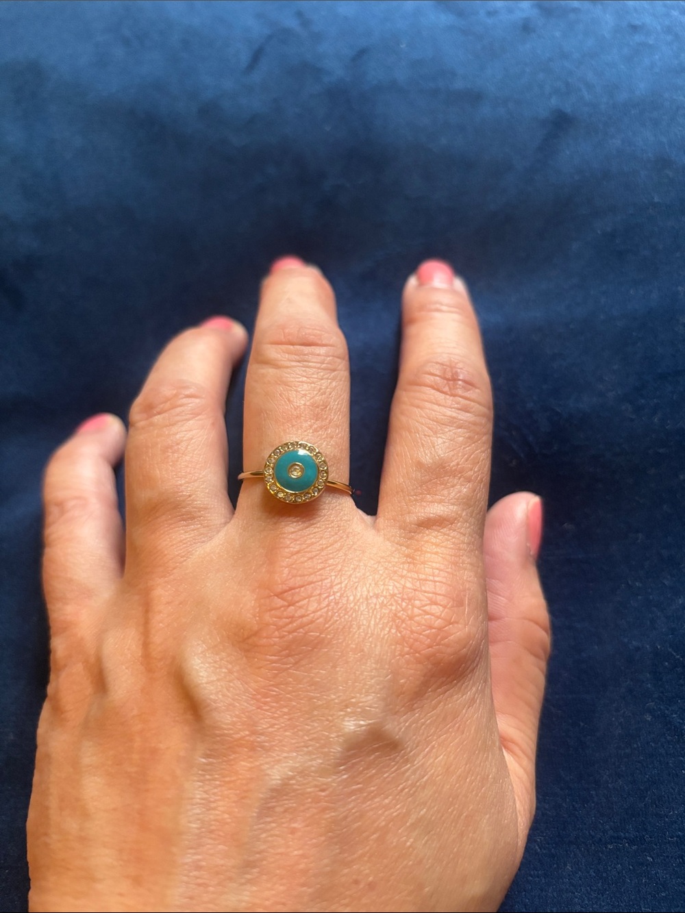 Gold Tone Ring with Turquoise Center and Pave Halo